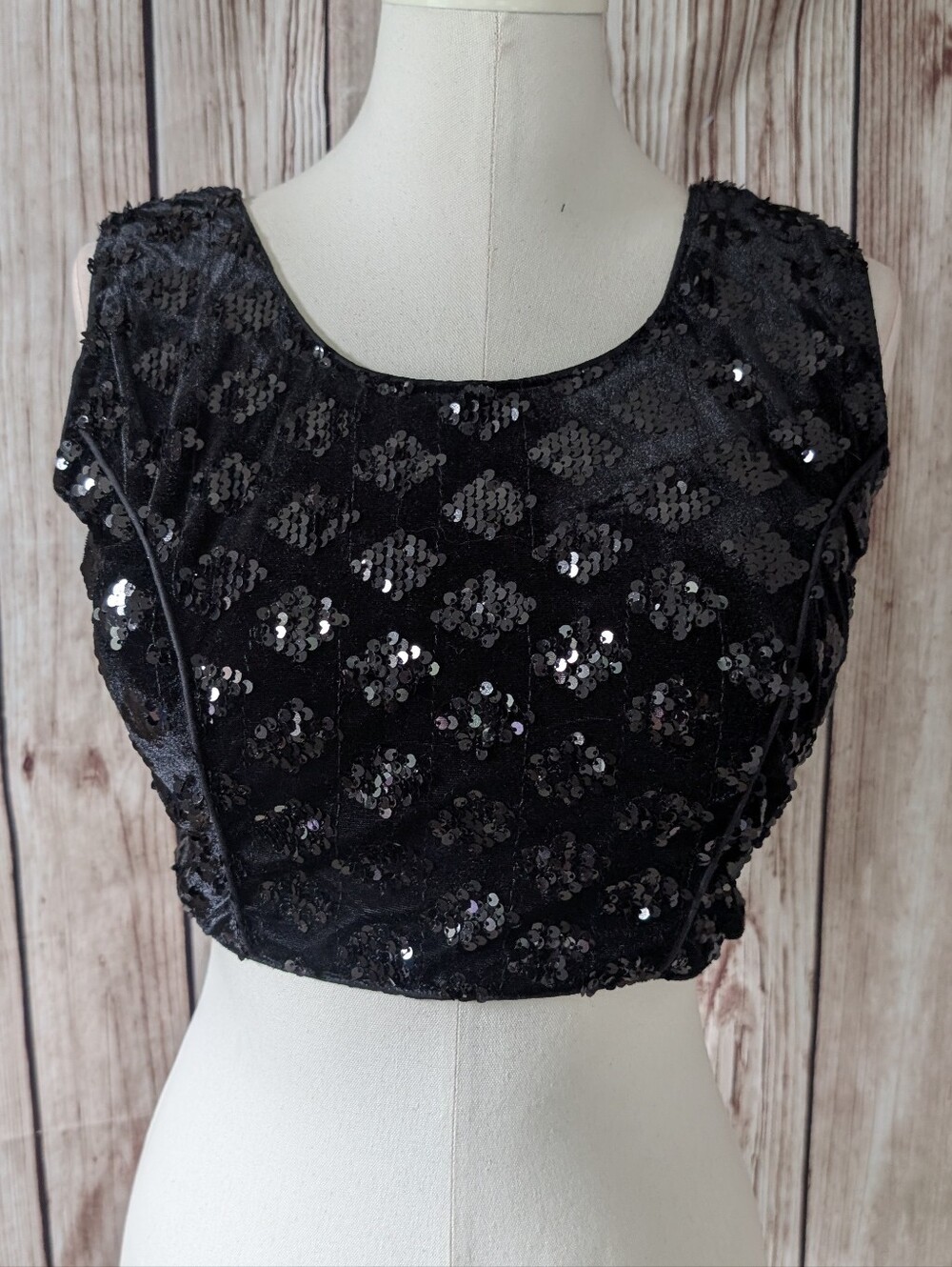 Readymade Jet Black Velvet Sequin crop top Blouse